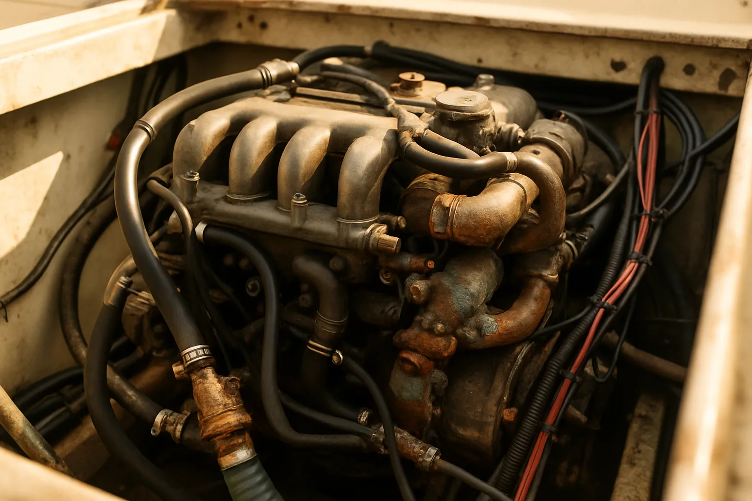Marine engine during service with visible corrosion